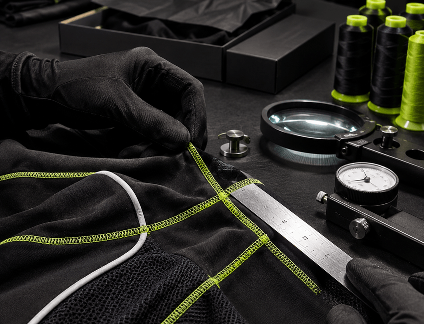 Precision stitching inspected on technical athletic fabric